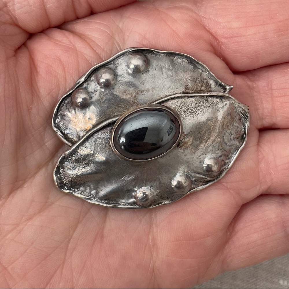 Vintage Sterling Silver Hematite Brooch Pendant Modernist Leaf Unpolished
